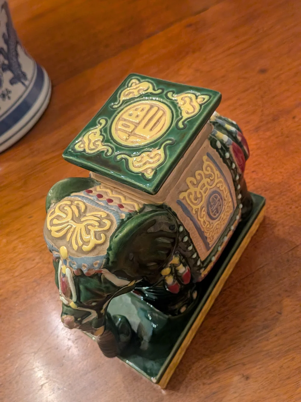Vintage Chinoiserie Ceramic Elephant Planter Candle Holder, Green Glazed Pottery